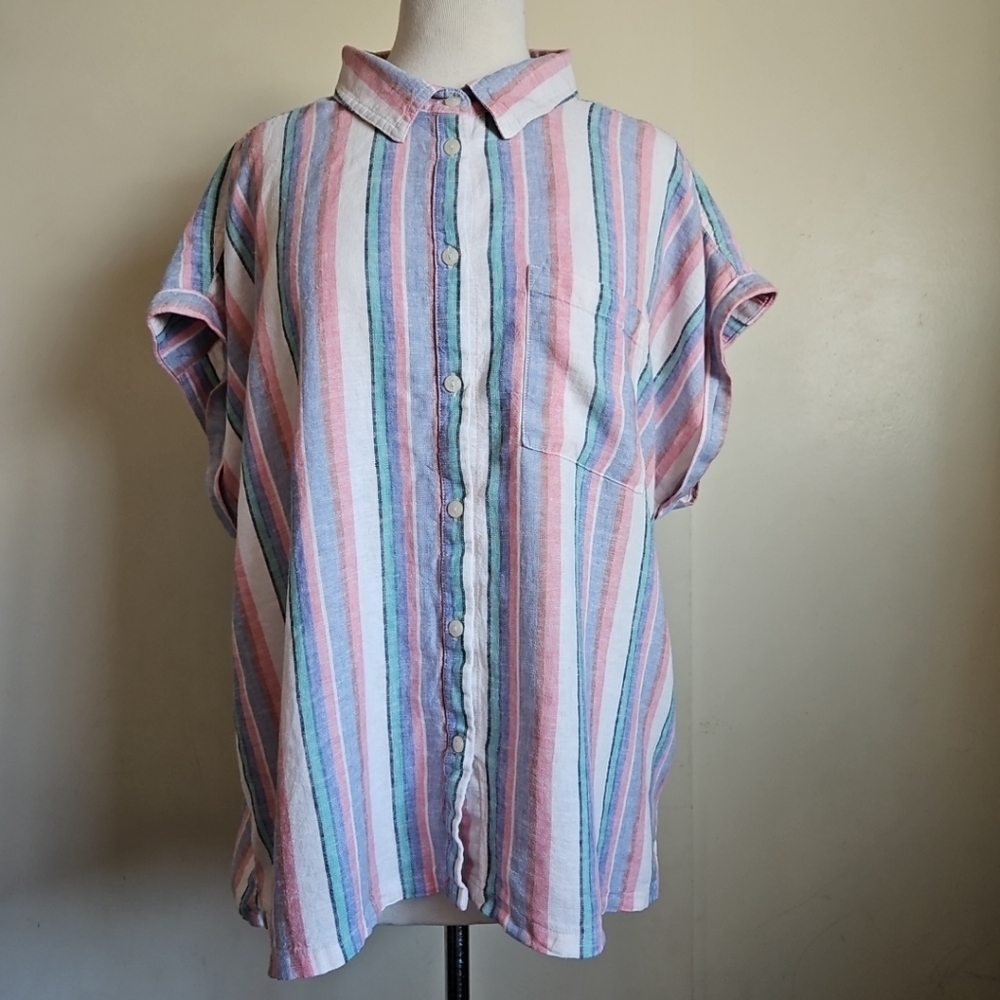 Orvis Linen Striped Button-Up Shirt Blouse Short Sleeve Pink And Blue Sz XXlarge